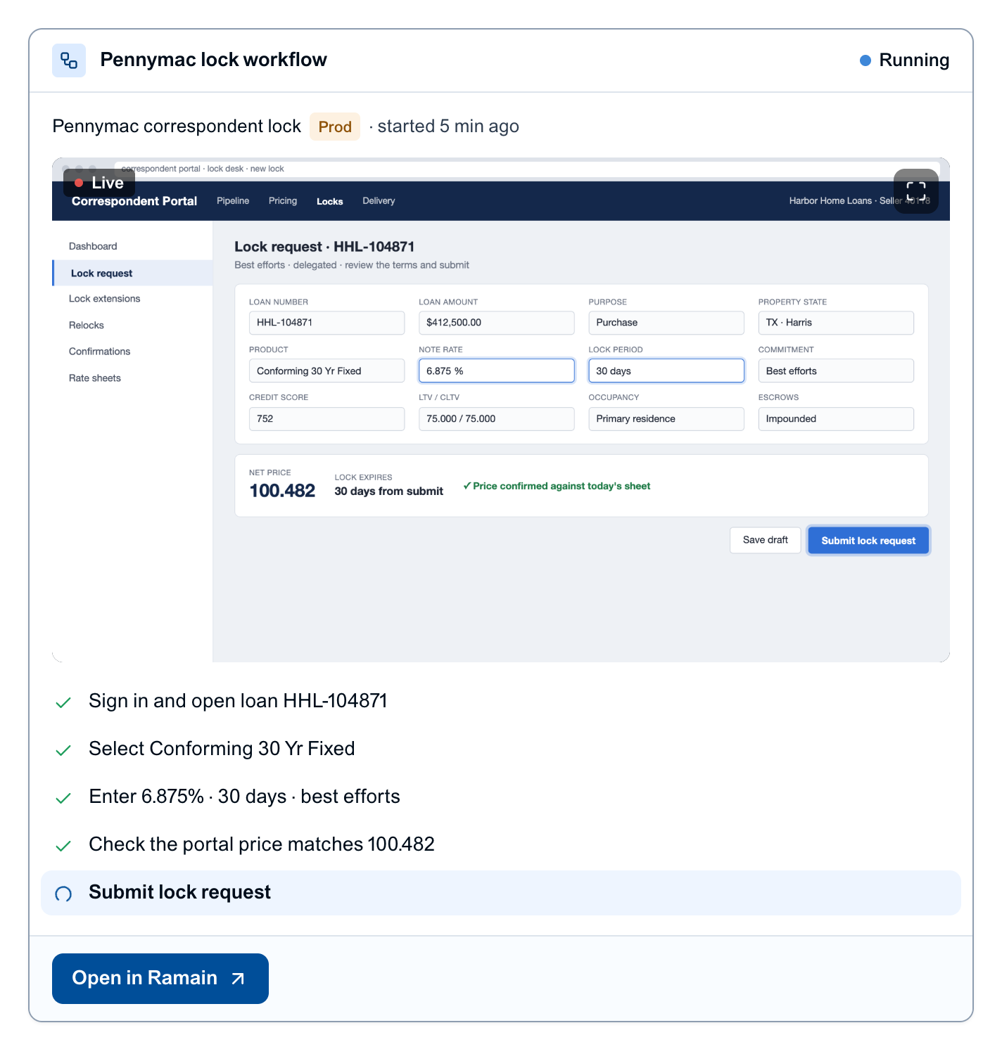Live investor run card with the browser view and each workflow step