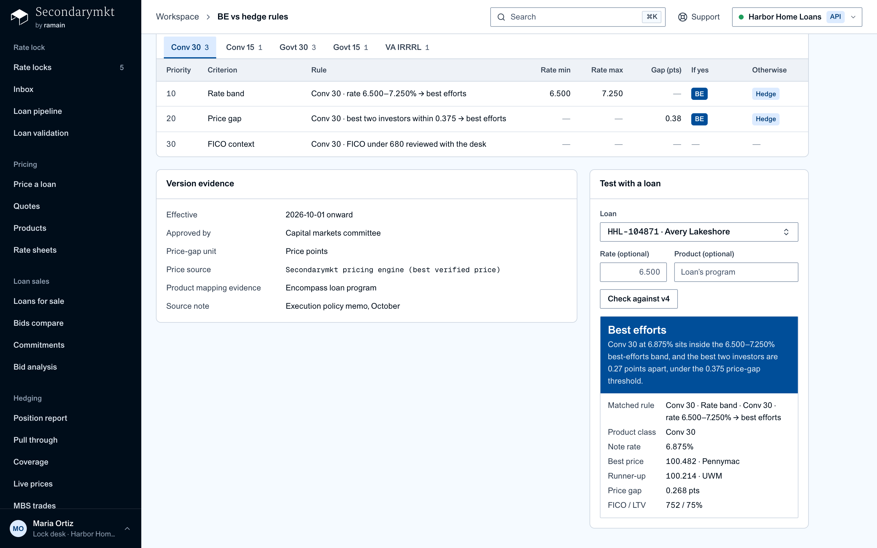 BE vs hedge rules by product class with version evidence and a test against a loan