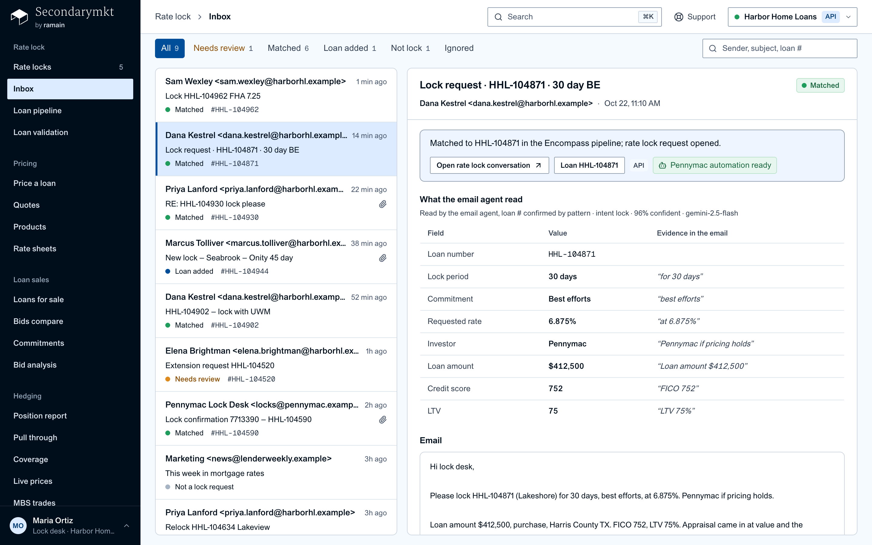 Lock emails read and matched to pipeline loans