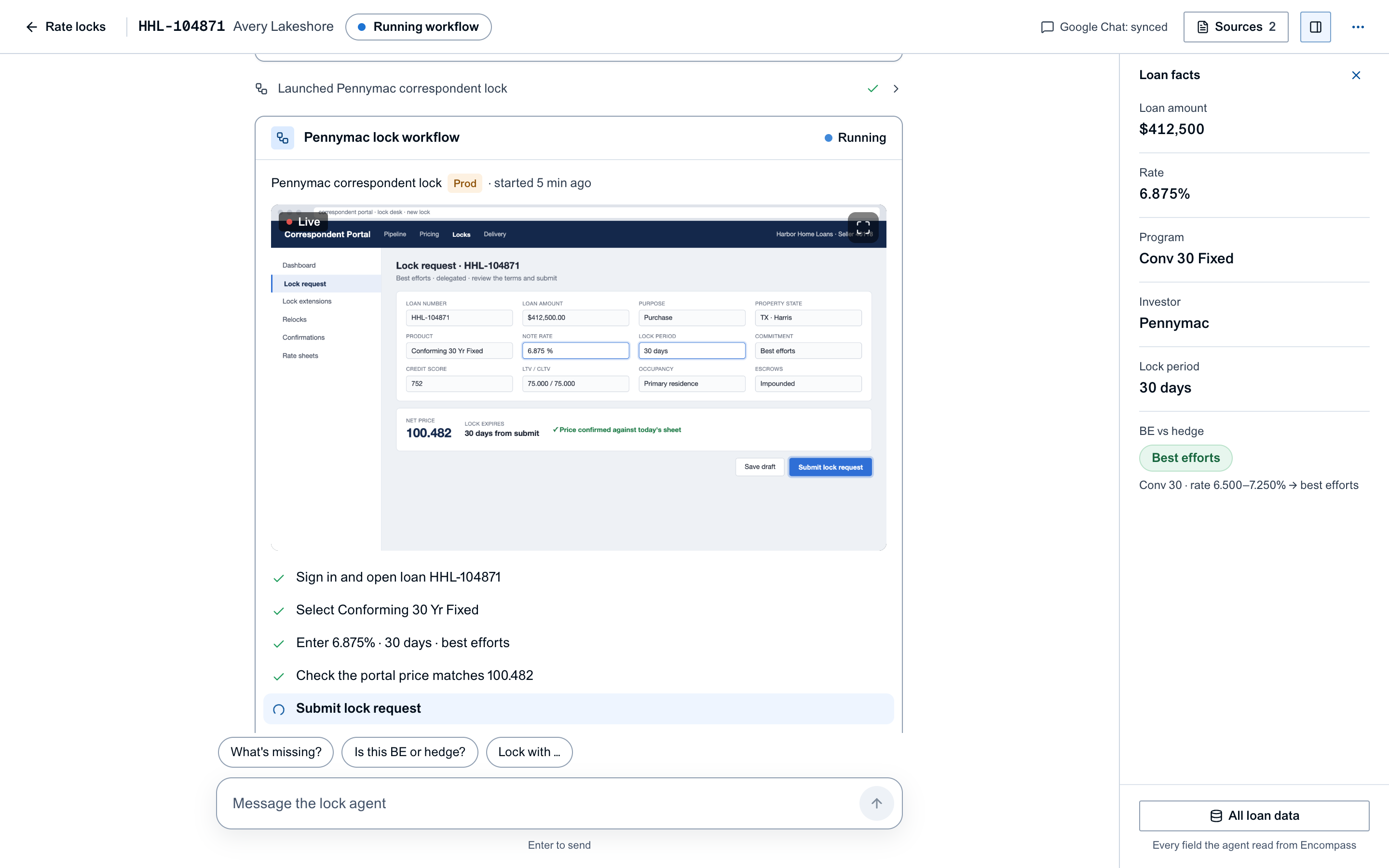 The investor lock automation running in the portal with a live browser view and step-by-step progress