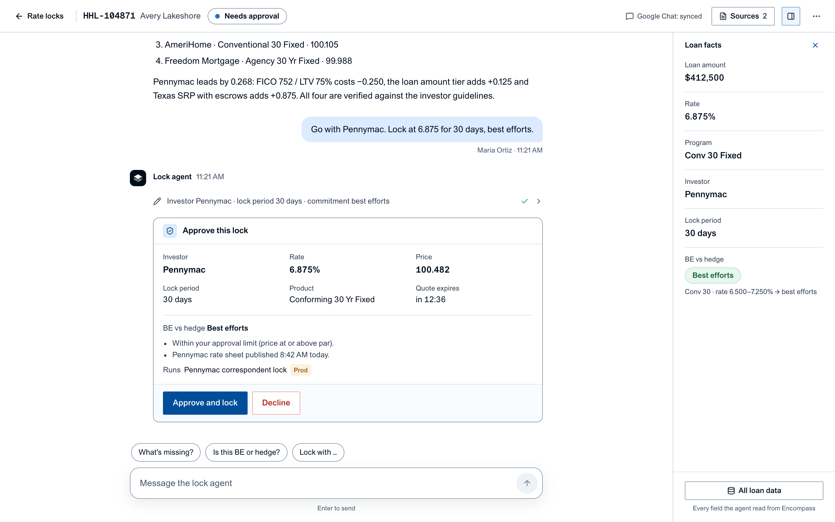 The lock conversation: best execution across investors, best efforts versus hedge, and the approval card with the exact terms
