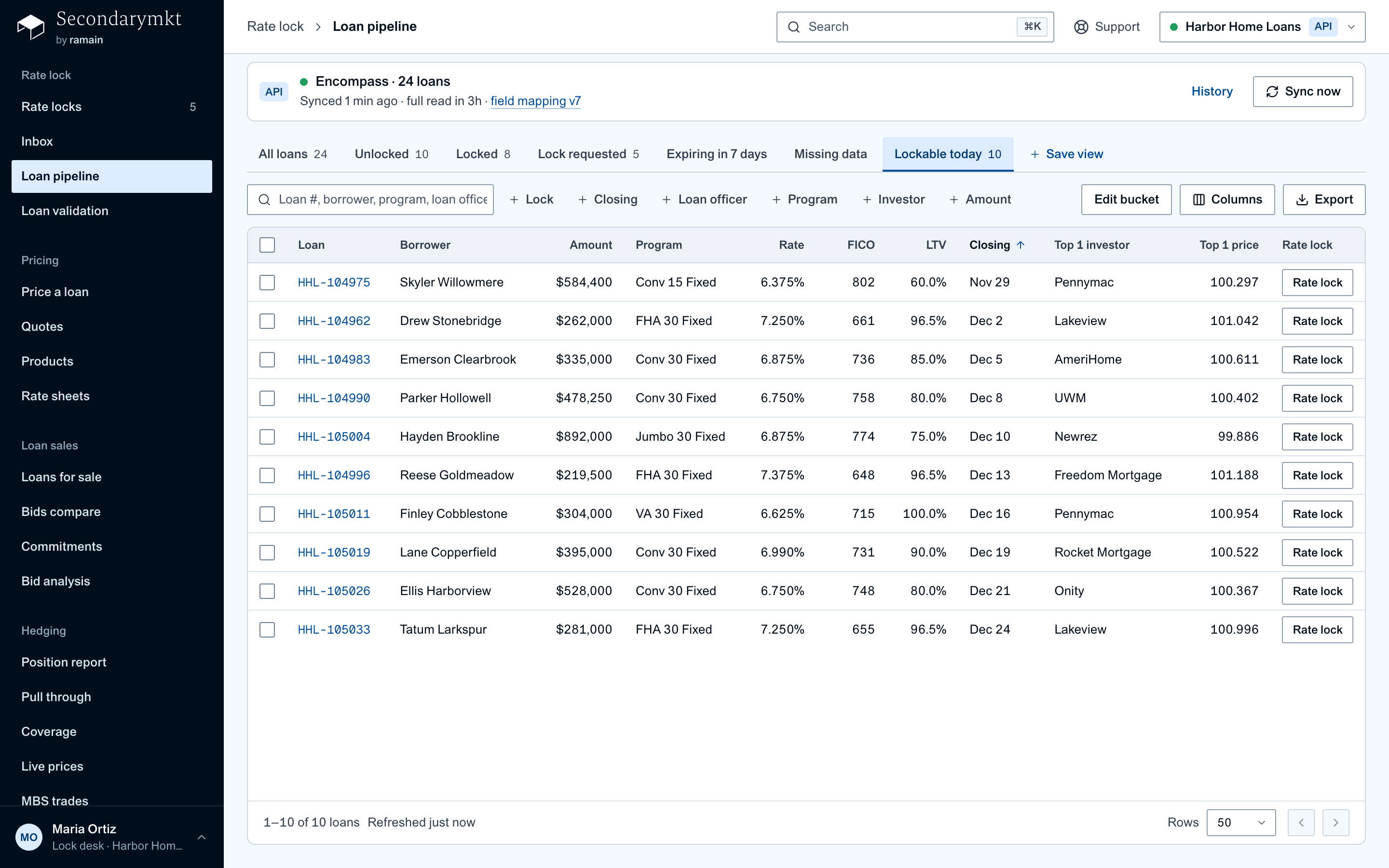 Encompass pipeline with the Lockable today view showing each unlocked loan's best investor and price