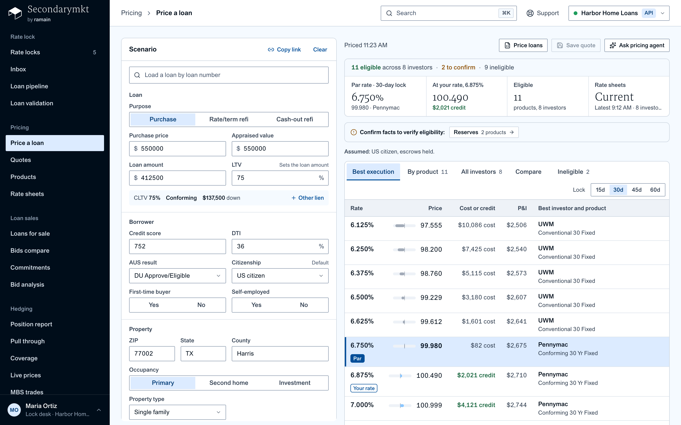 Price a loan: one scenario priced across eight investors at once, with par rate, price at the requested rate and best execution by rate