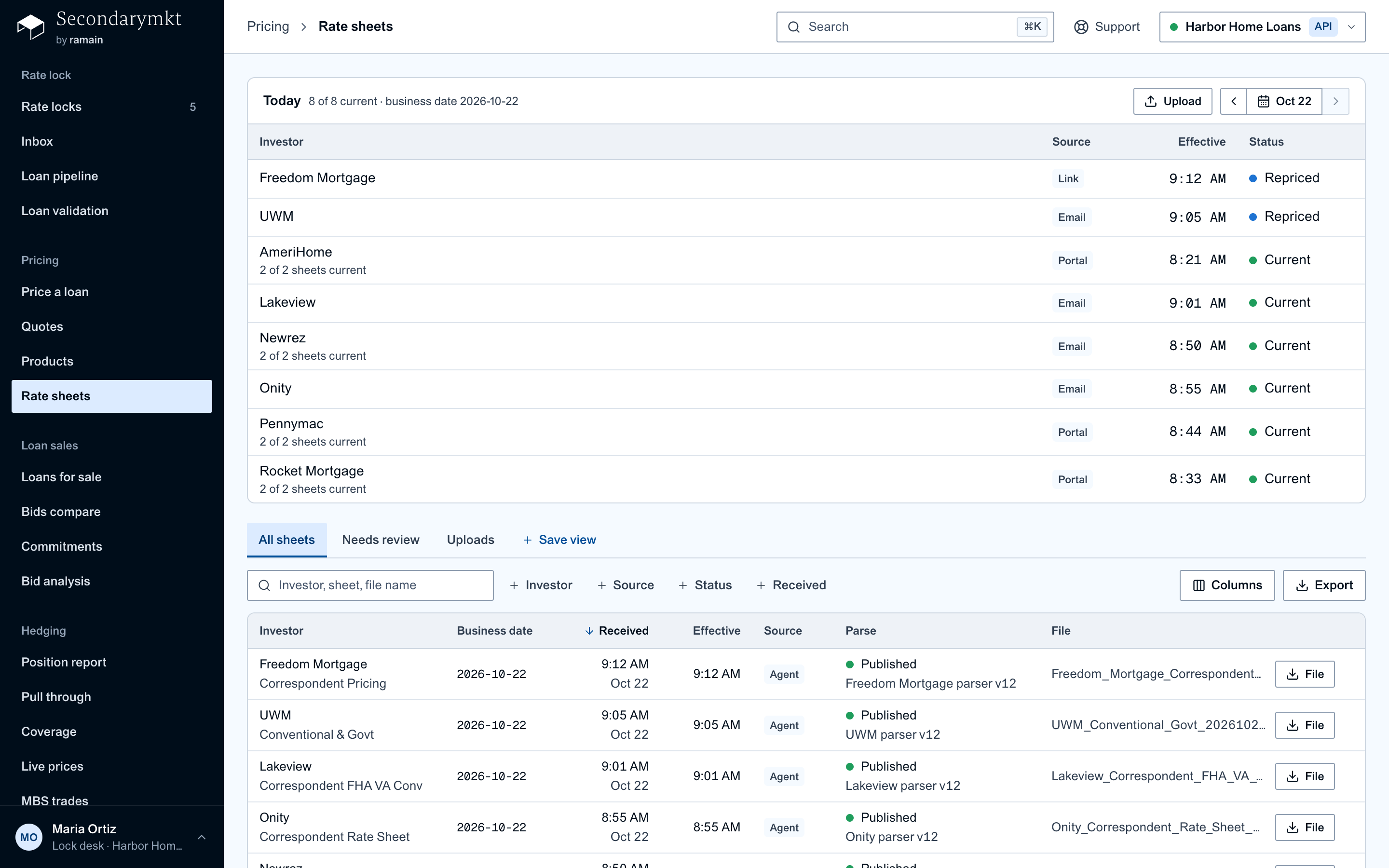 Rate sheets: every investor's sheets collected, with freshness per investor